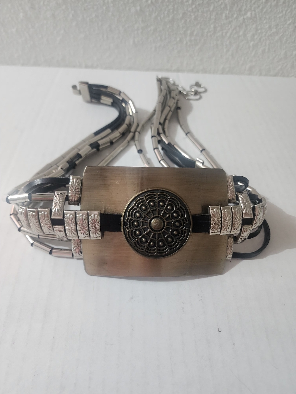Tribal Statement Waist Belt Brass Silver Tone Multi Strand Beaded M L
